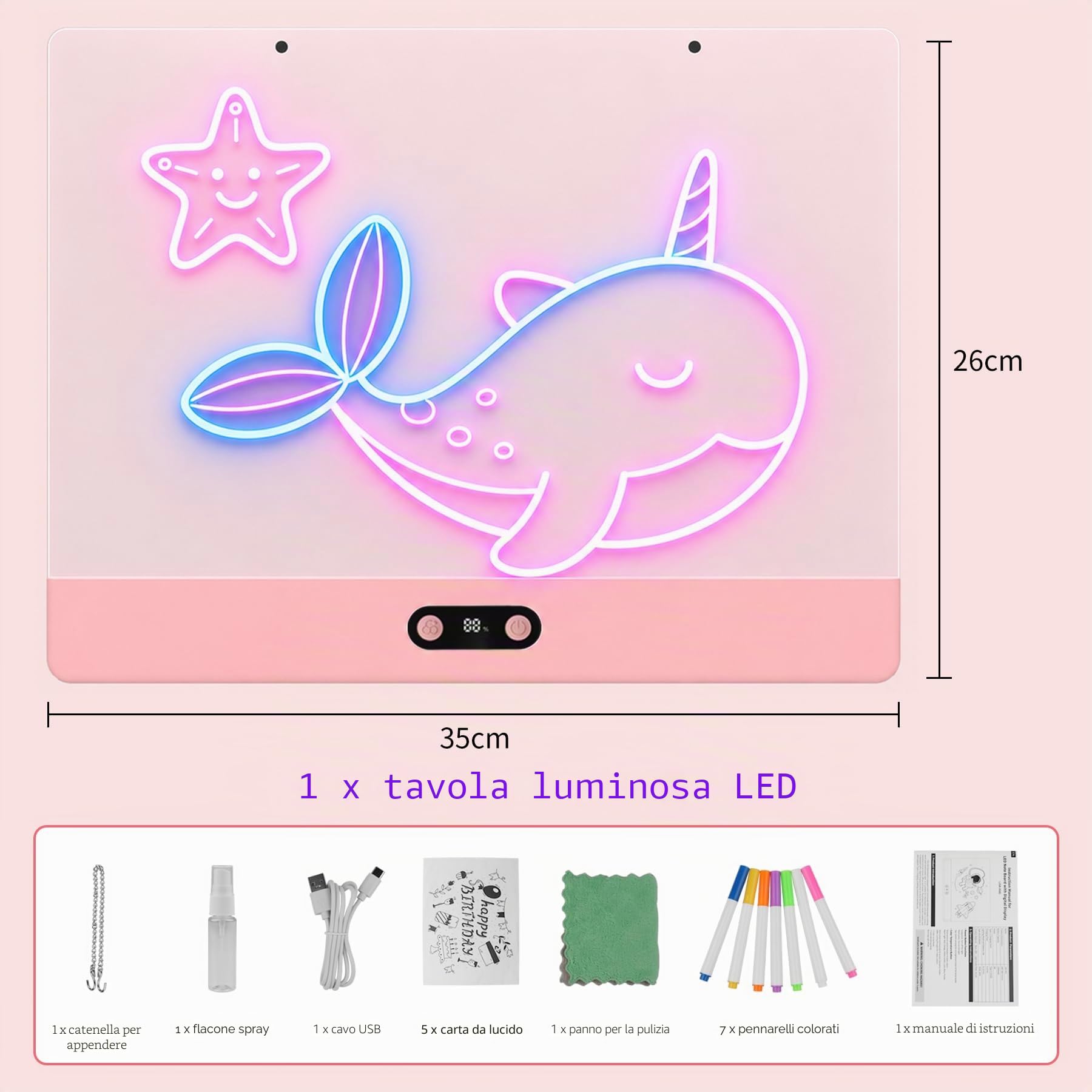 Lavagna LED Acrilica Riutilizzabile | 35x26cm Rosa, 8 Colori, 7 Pennarelli, Display Batteria Digitale, Lavagna Luminosa per Bambini, Ufficio, Bar