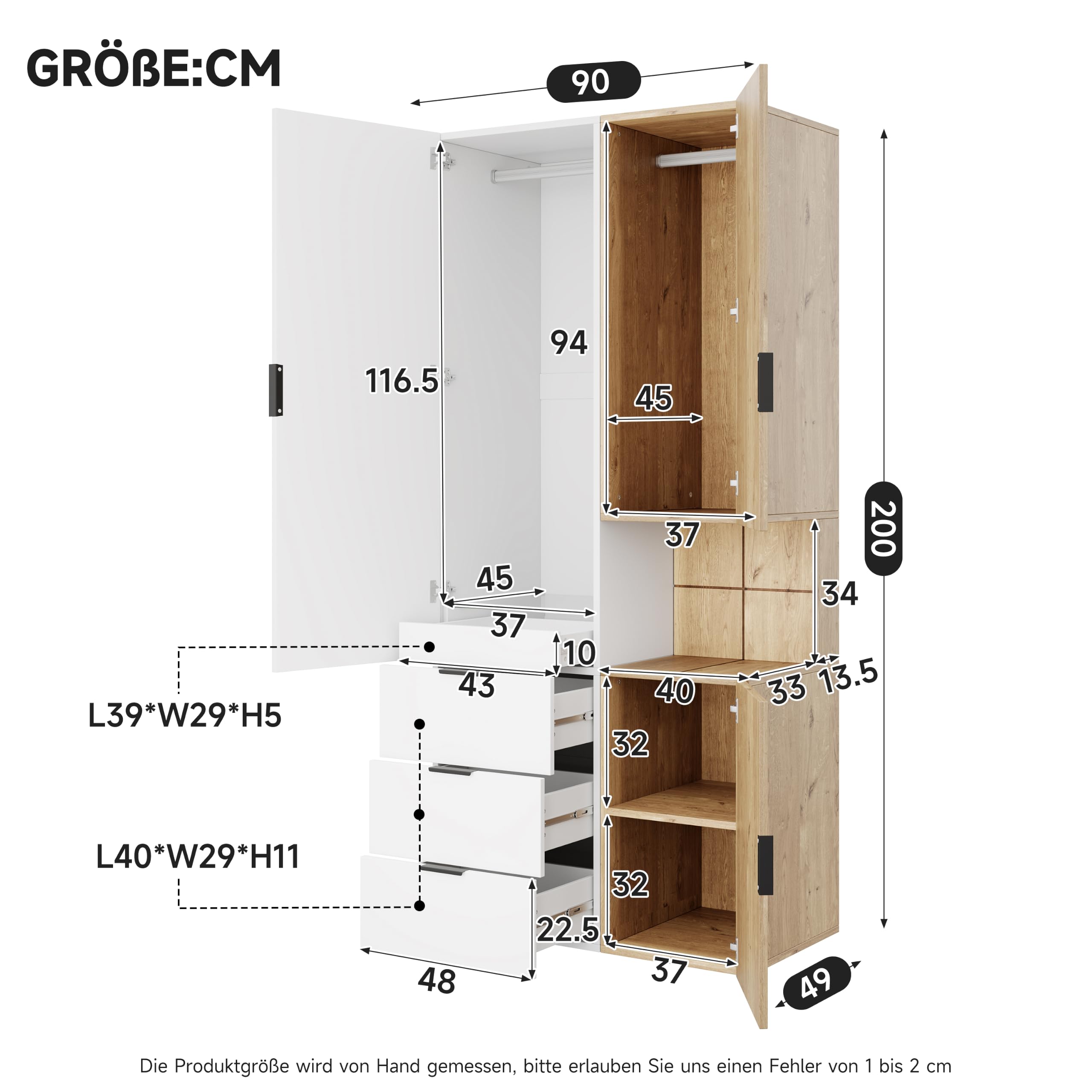 Armadio con illuminazione a LED e cassetto portagioie, 90 x 49 x 200 cm, con 2 aste appendiabiti, strisce LED e 4 cassetti, moderno armadio con ante girevoli per camera da letto, soggiorno e cameretta