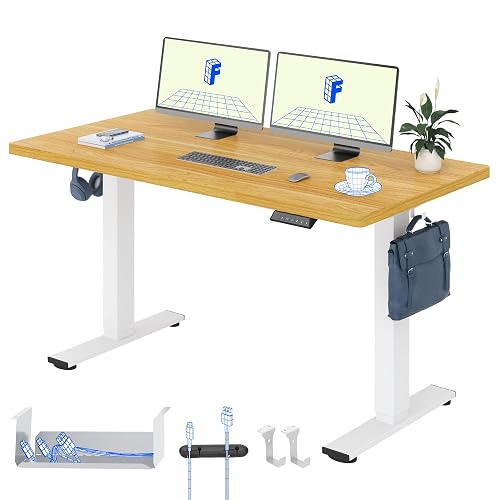 FLEXISPOT Höhenverstellbarer Schreibtisch 140×80cm, mit Haken und 25mm EINTEILIGER Tischplatte, ergonomischer Schreibtisch mit LED-Höhenanzeige und Memory-Funktion (Ahorn, Weiß)