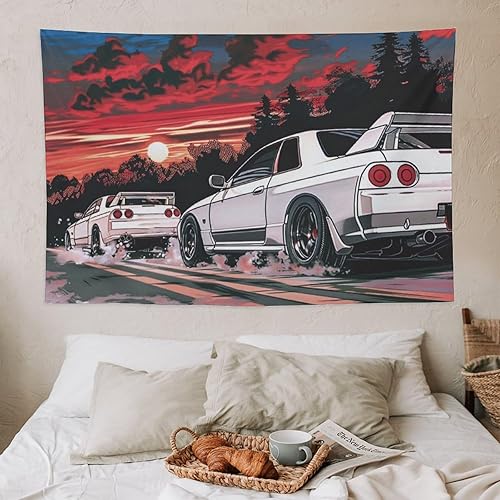 Miniatura 7 de QEOPGNE Tapiz japonés R32 para automóvil deportivo, arte de pared de automóvil retrowave de anime, decoración de pared de auto de carreras Jdm,