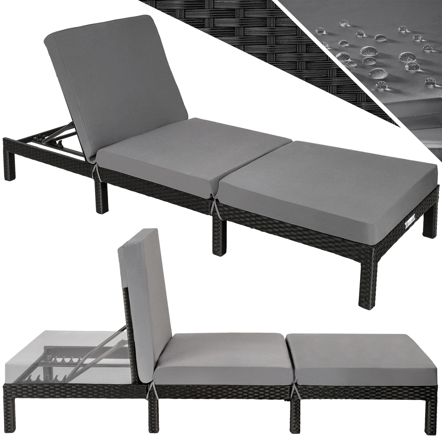 tectake® Tumbona Jardín Exterior de Ratán y Acero con Cojines, Tumbona de Piscina con Respaldo Regulable en 5 Posiciones, Tumbona de Playa Estable y Resistente a Intemperie, Fácil Limpieza - negro