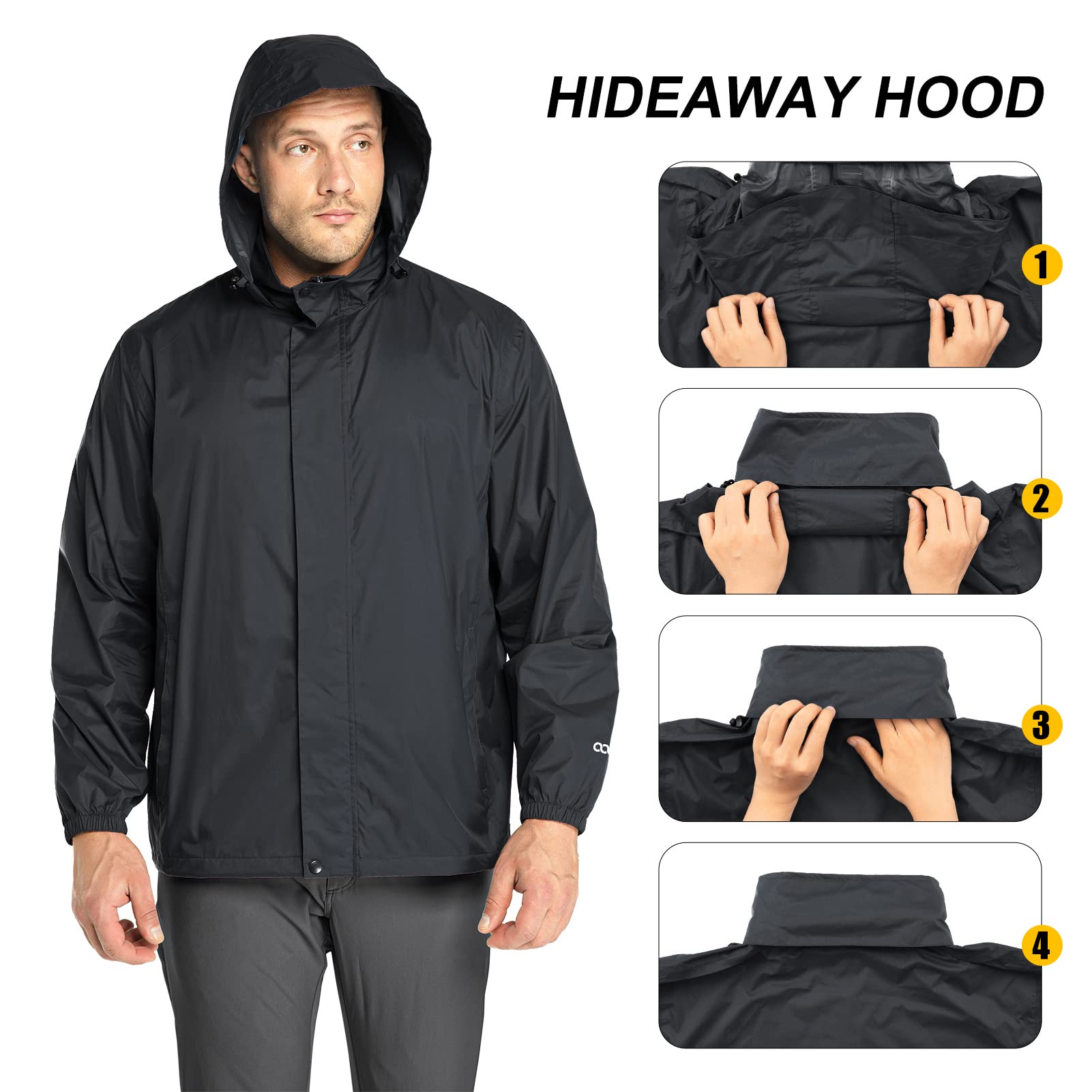 33,000ft Veste de pluie pliable avec capuche rangeable, légère et imperméable, coupe-vent, pour activité en plein air, pour homme
