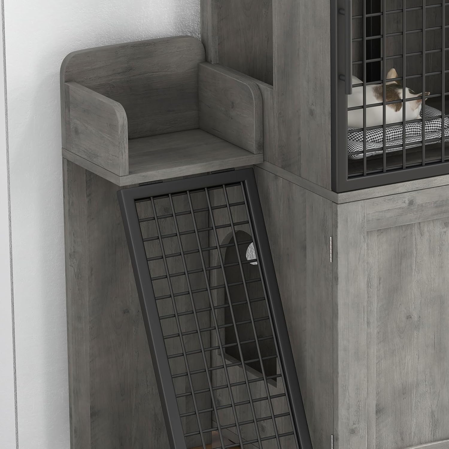 GAOMON Cat Litter Box Enclosure with Platform, Double Layer Hidden Cat House Furniture, Modern Indoor Cat Villa with Ladder, Kitty Washroom Cabinet for Indoor Cats - Grey