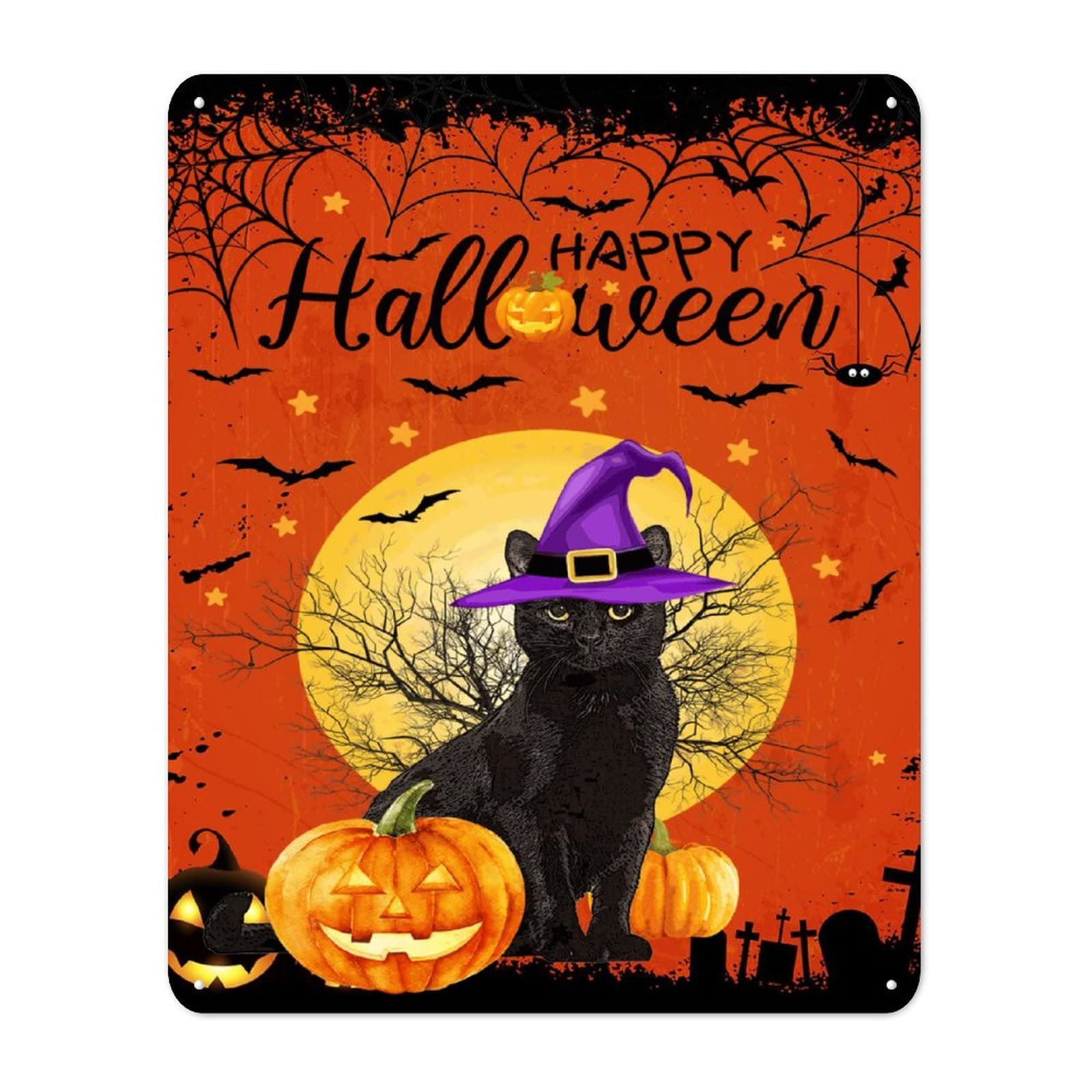 Panneau en étain Halloween citrouille chat 30x40 cm décoration murale en métal