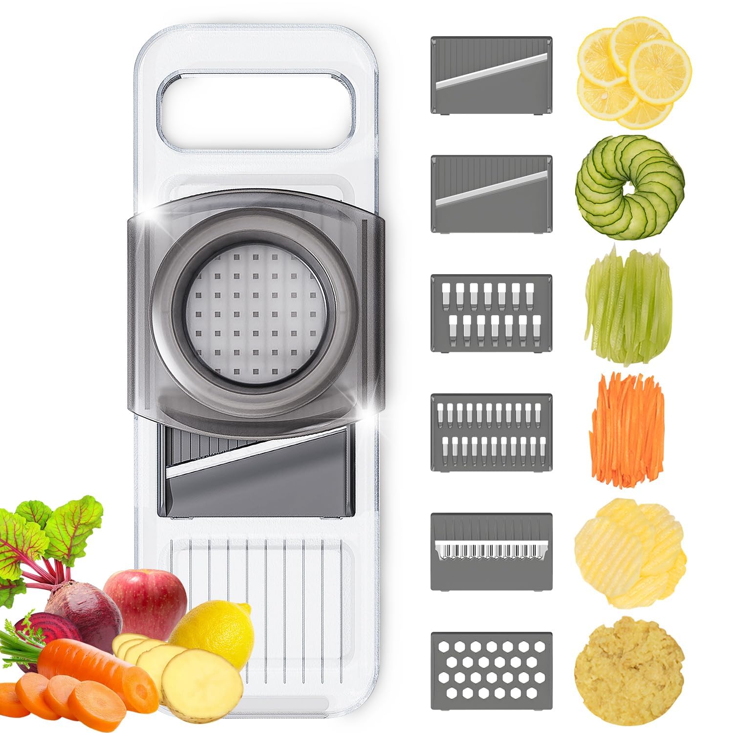 Mandolina 6 en 1 para verduras, frutas y verduras, rebanadora/trituradora manual, brillante, transparente, exquisita tabla de plástico grueso