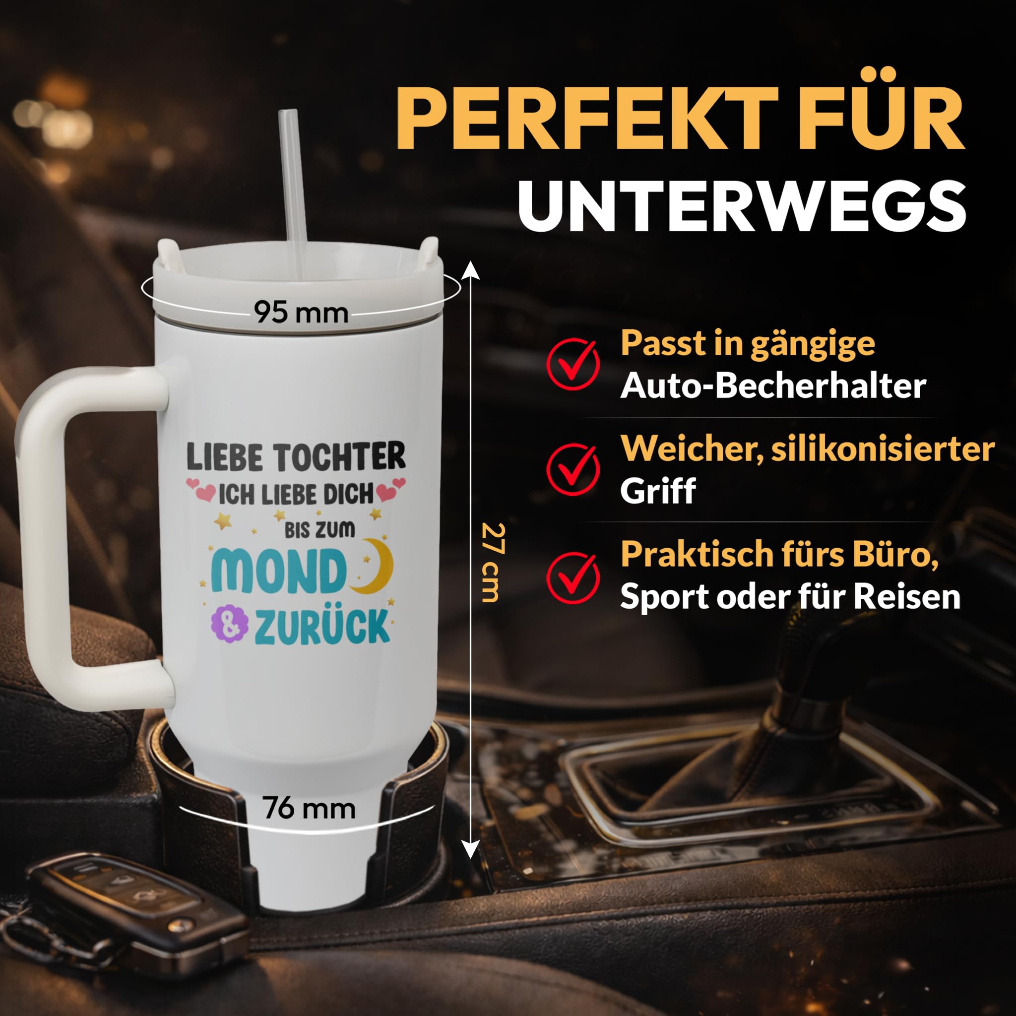 XXL Thermobecher für Tochter – Geschenk zum Geburtstag & Weihnachten – Edelstahl Trinkflasche, Weiß mit Spruch Liebe dich bis zum Mond & zurück (WIEDERVERWENDBAR)