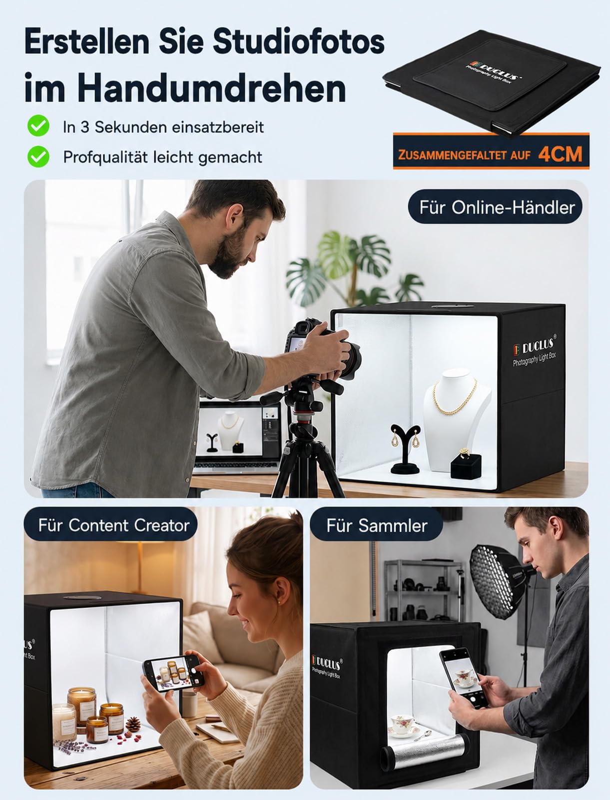 DUCLUS Fotobox 40x40 cm Faltbare Fotostudio, 5500K Dimmbare Lichtzelt Set mit 160 LED Beleuchtung und 8 Produktfotografie Hintergründe