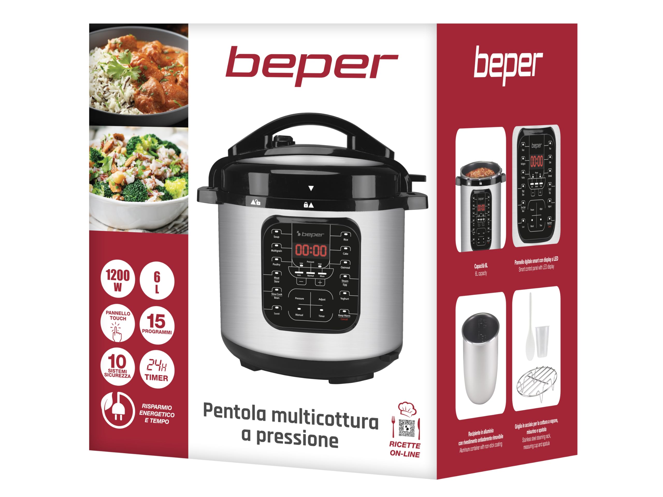 BEPER P101COS001 Pressure Cooker et Multicuiseur à Pression, Cuit Vapeur de 6 Litres - Autocuiseur Èlectrique avec 15 Programmes de Cuisson
