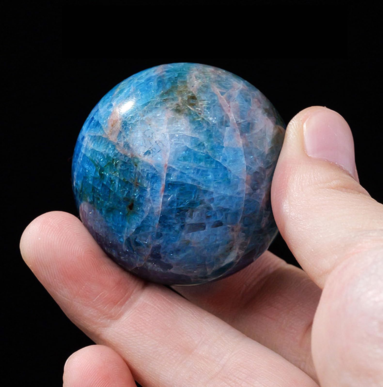 FOPURE Crystal Stone Sphere with Stand,Blue Apatite Quartz Ball,Small Polished Gemstone Gift for Home or Office,40~45mm