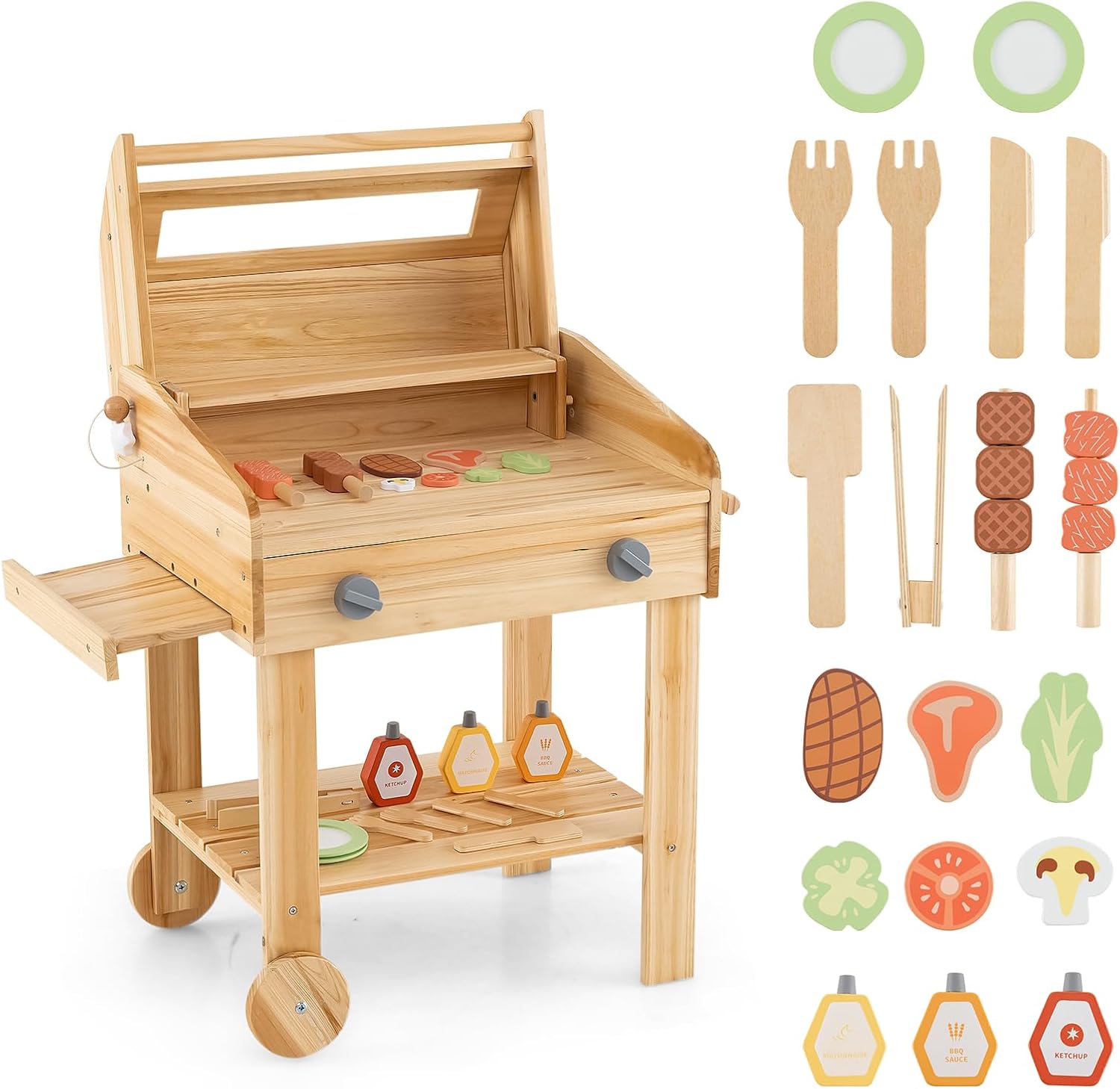 HONEY JOY Mud Kitchen, Fir Wood Outdoor Kids Barbecue Grill Playset, Play Food & Grilling Tools, Retractable Serving Tray, Moving Wheels, Cooking BBQ Pretend Play Kitchen for Toddlers, Natural