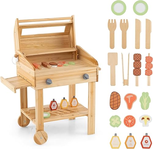 HONEY JOY Cocina de barro, juego de parrilla de madera de abeto para niños al aire libre, juego de comida y herramientas de parrilla, bandeja