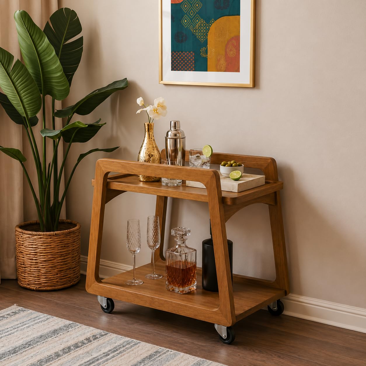 Mango Wood Bar Trolley, Brown Finish Serving Cart with Storage Shelves, Drinks Trolley for Home Bar, Kitchen & Dining Room | Mini Bar for Home-image-27
