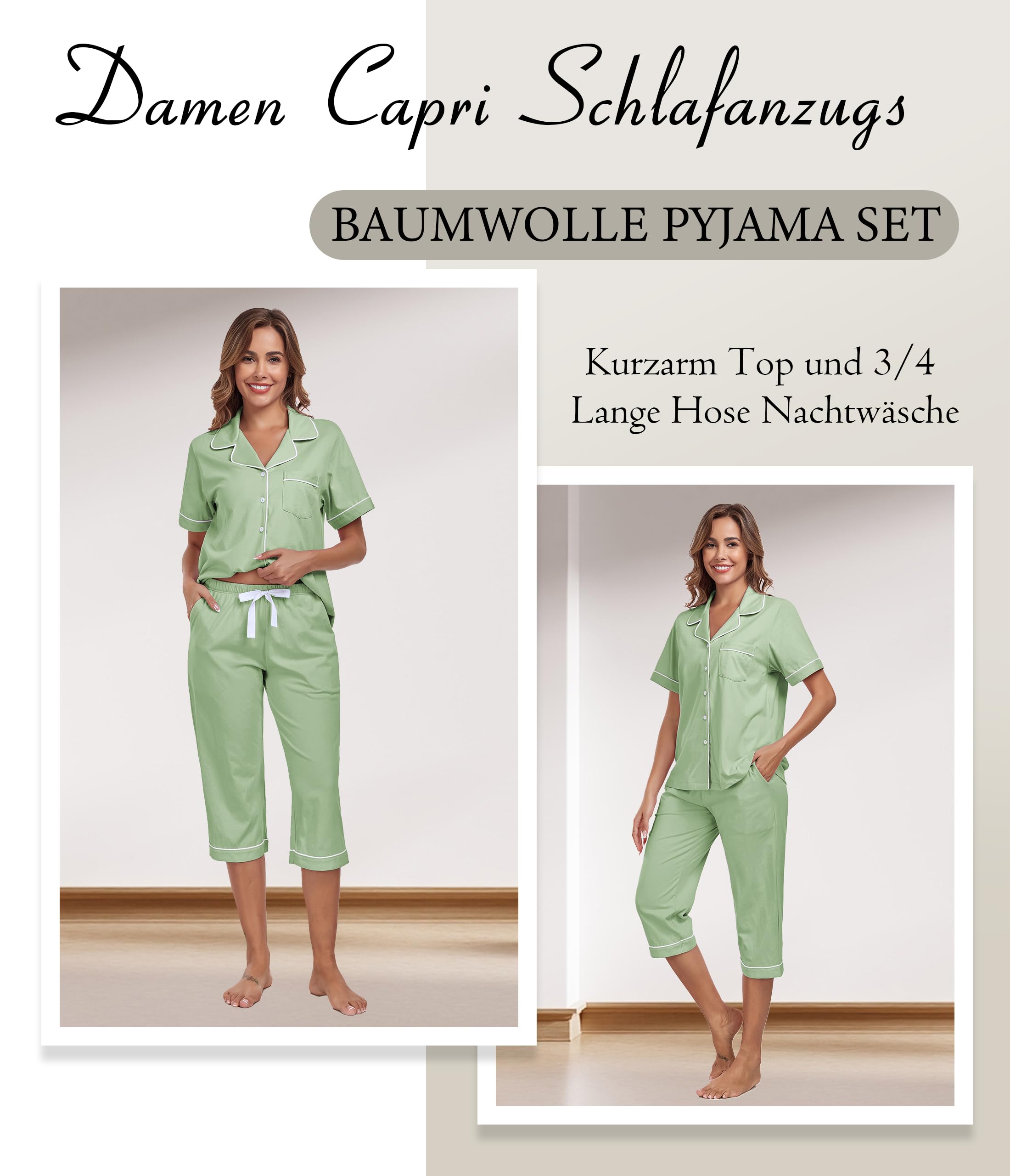 COLORFULLEAF Pyjama d'été court 100 % coton pour femme - Ensemble pyjama 2 pièces - Haut à manches courtes et pantalon long 3/4 - Vêtement de nuit