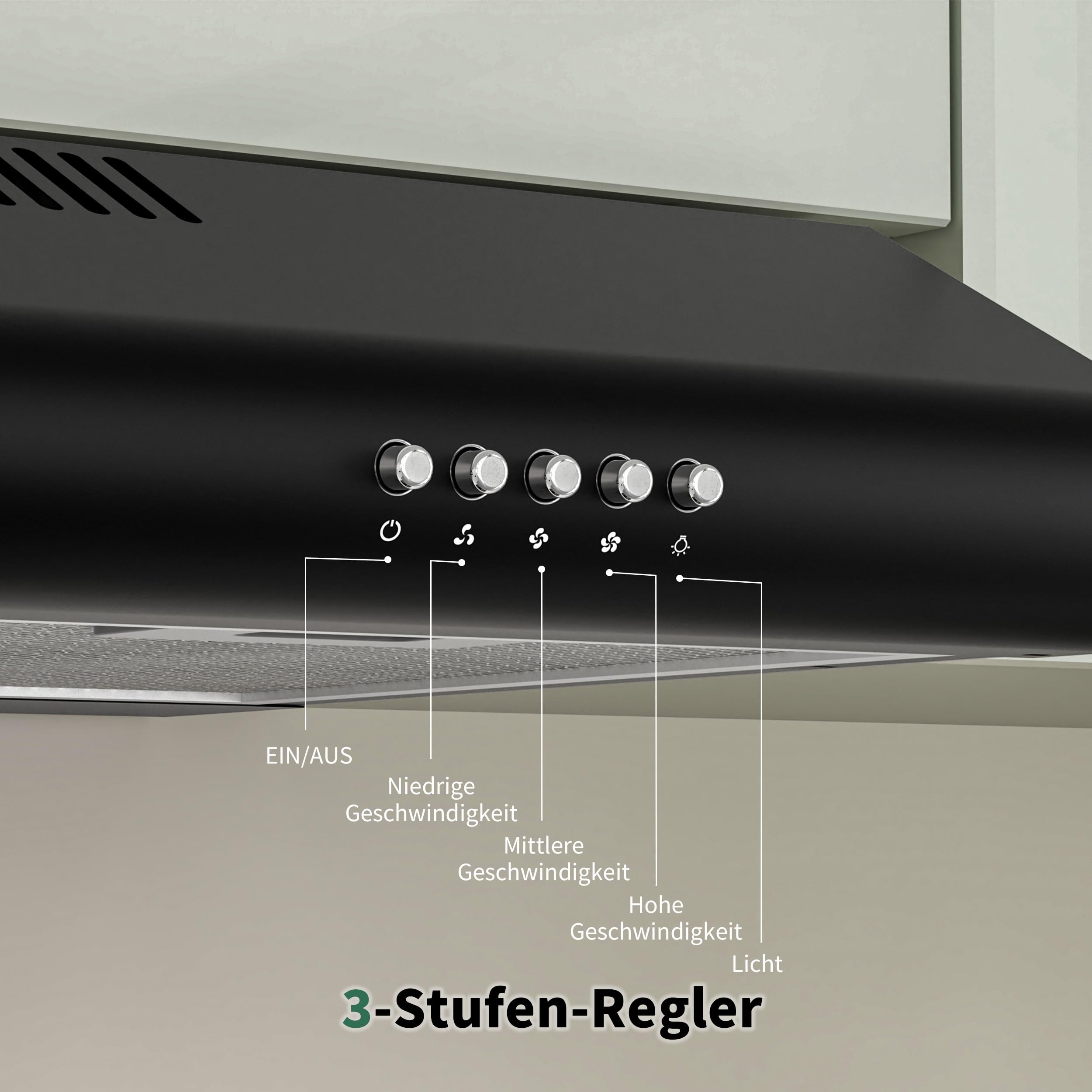 FIREGAS Dunstabzugshaube 60 cm, Umluft- und Abluftbetrieb, 250 m³/h, 3 Leistungsstufen, inkl. Kohlefilter, LED-Beleuchtung, Schwarz