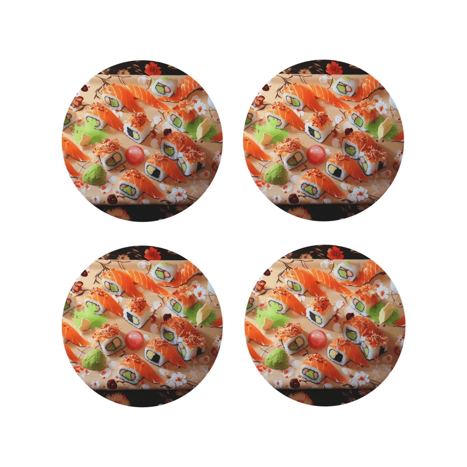 4Pcs PU Leather Coaster for Drinks, Delicious Sushi Cup Coastersr 4" Cup Mat Pad, Aesthetic Drink Coasters for Coffee Table, Round Shape Coaster for Tabletop Protection