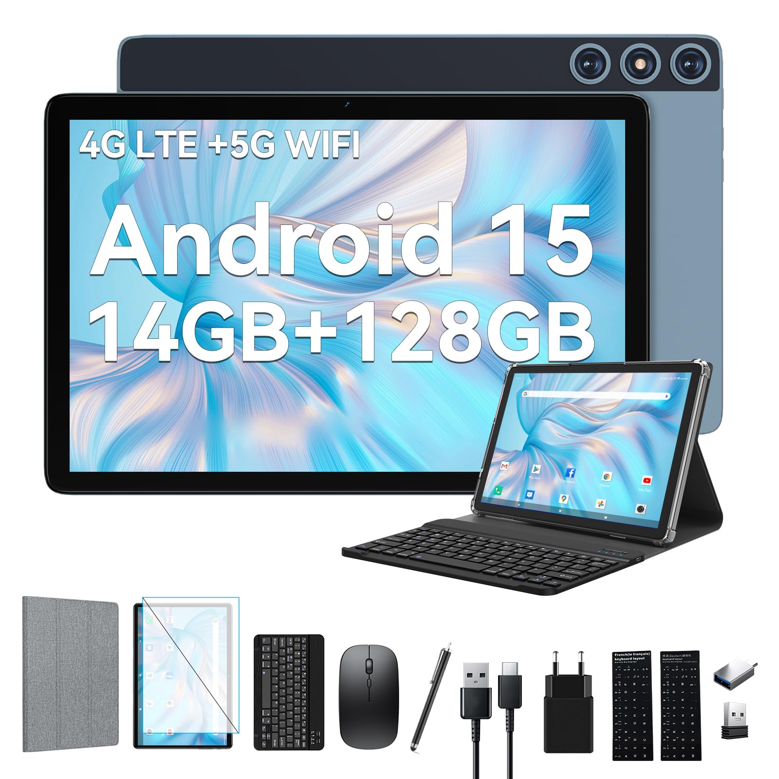 FEONAL Android 15 Tablet 10 Zoll, 4G LTE Tablets Mit 2 SIM 1 SD Slot, 5G WiFi Tablets PC Mit 14GB+128GB(1TBTF), 3-in-1 Tablet Mit Tastatur Maus-Octa-core, 1080FHD, 13MP+8MP, 7000mAh,GPS/OTG-Blau