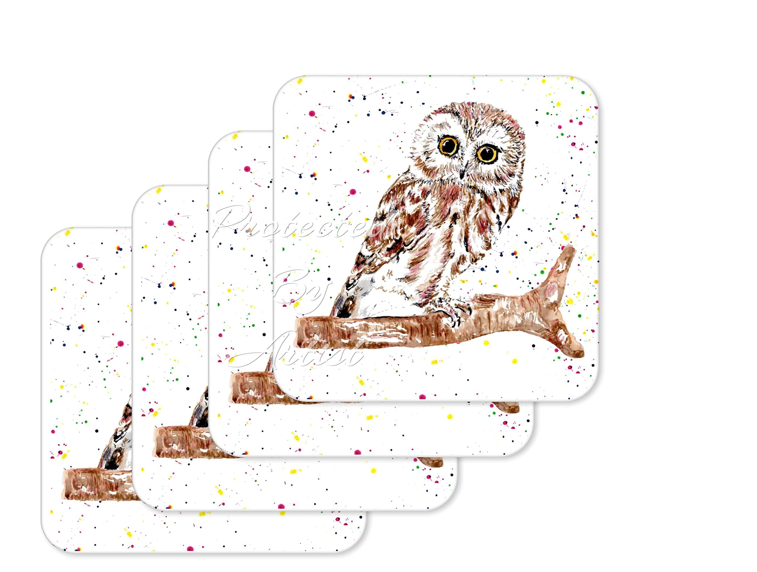 Vixar Coaster Owl British Wildlife Hand Painted Animals Coasters Watercolour Art Gift Work Office Dining Tea Coffee (4)