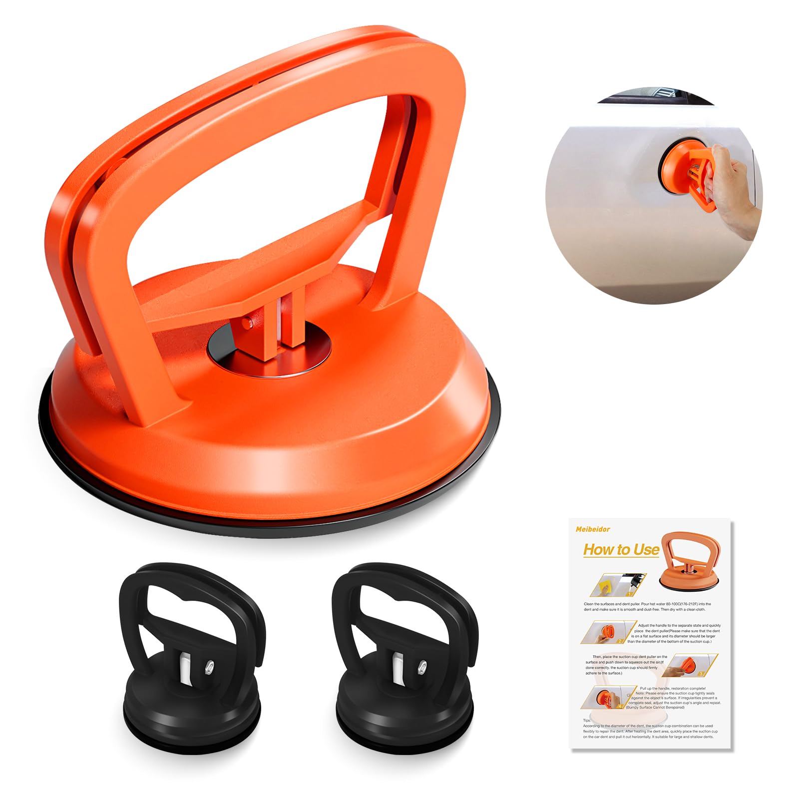 Dent Puller, 3 Pcs Car Dent Puller, Paintless Dent Puller Kit Pop a Dent, Powerful Suction Cup Dent Remover Tool for Car Repair, Glass, Tiles, Screen, Objects Moving and Lifting (Orange+Black)