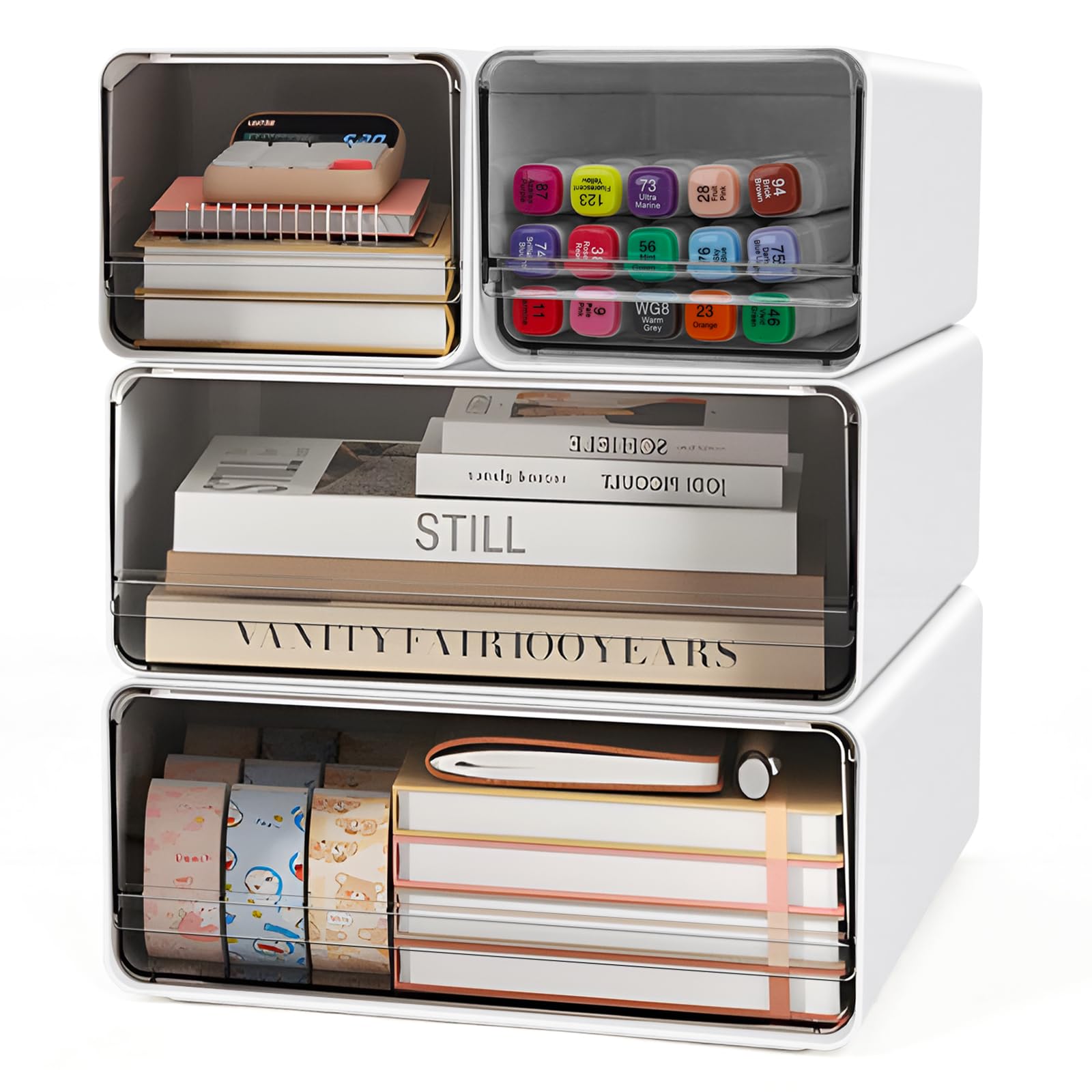 Desk Organizer with Drawers, 4 Pack Stackable Desk Storage Box, Desktop Storage Box with Compartments, Desk Supplies Storage Organizer for Office Supplies, Pencils, Tape, Erasers, Paperclips, Chargers