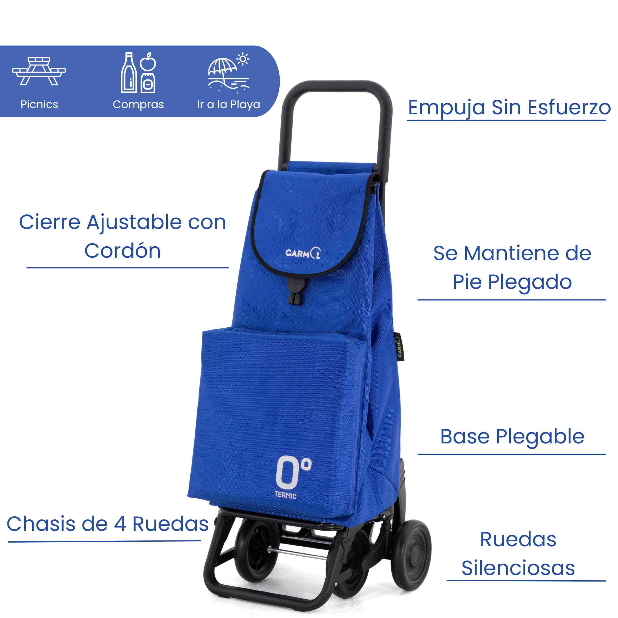 GARMOL Carro de la Compra Térmico Plegable 55 Litros |Bolsillo Térmico Interior de 11 Litros | Carro de la Compra 4 Ruedas Gran Capacidad | Carrito Compra Plegable Color Azul