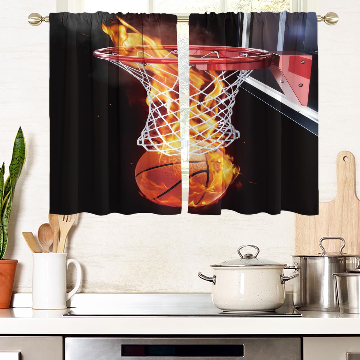 AAtter Basketball Window Curtains for Kitchen Kids Boys Sports Mens Teen Cool Black Orange Small Short Home Living Room Bedroom Bathroom Drapes