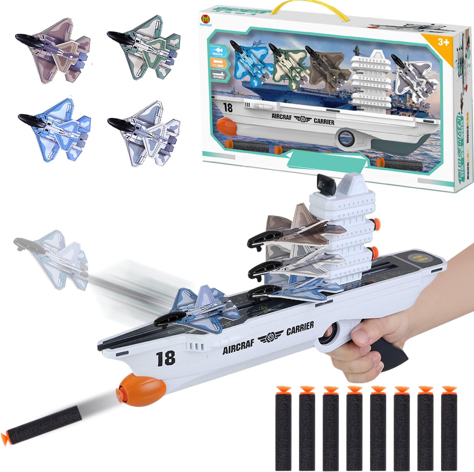 Geniboom Aircraft Carrier Toy, Kids Airplane Toys, Flight Modes Foam Glider Catapult Plane Toys, Kids 3 4 5 6 7 8 9 Years Old Birthday Gifts for Outdoor Flying