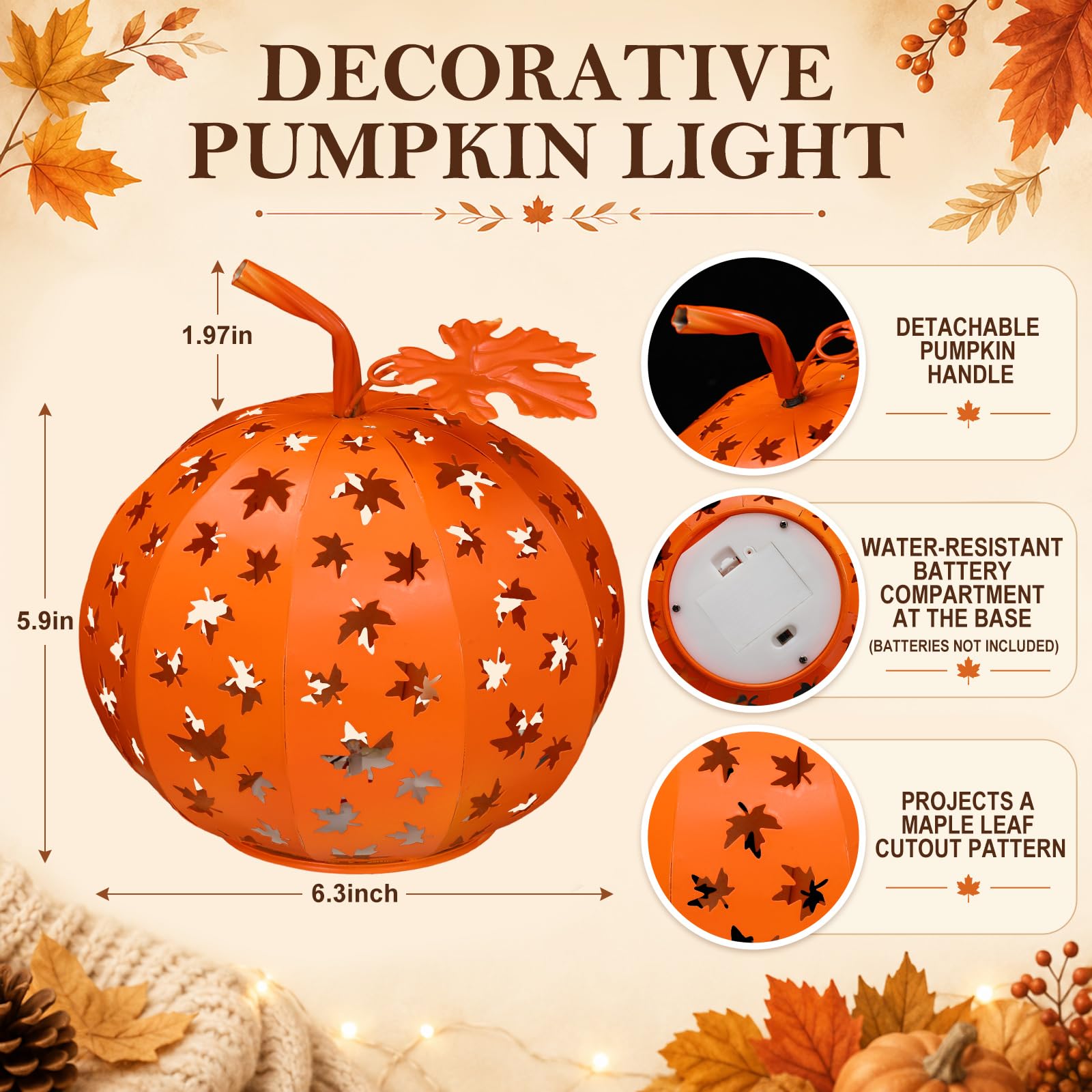 Fumete Lanterna in metallo a forma di zucca di Halloween con luce a LED, scatola batteria impermeabile con foglie d'acero cave, centrotavola autunnale per interni ed esterni, decorazione da giardino e
