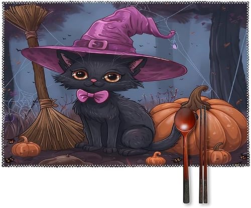 Halloween Cat Pumpkin Lantern Placemats Set of 6 Resistant Table Mats Washable Place Mats for Dinner Party Table Decoration