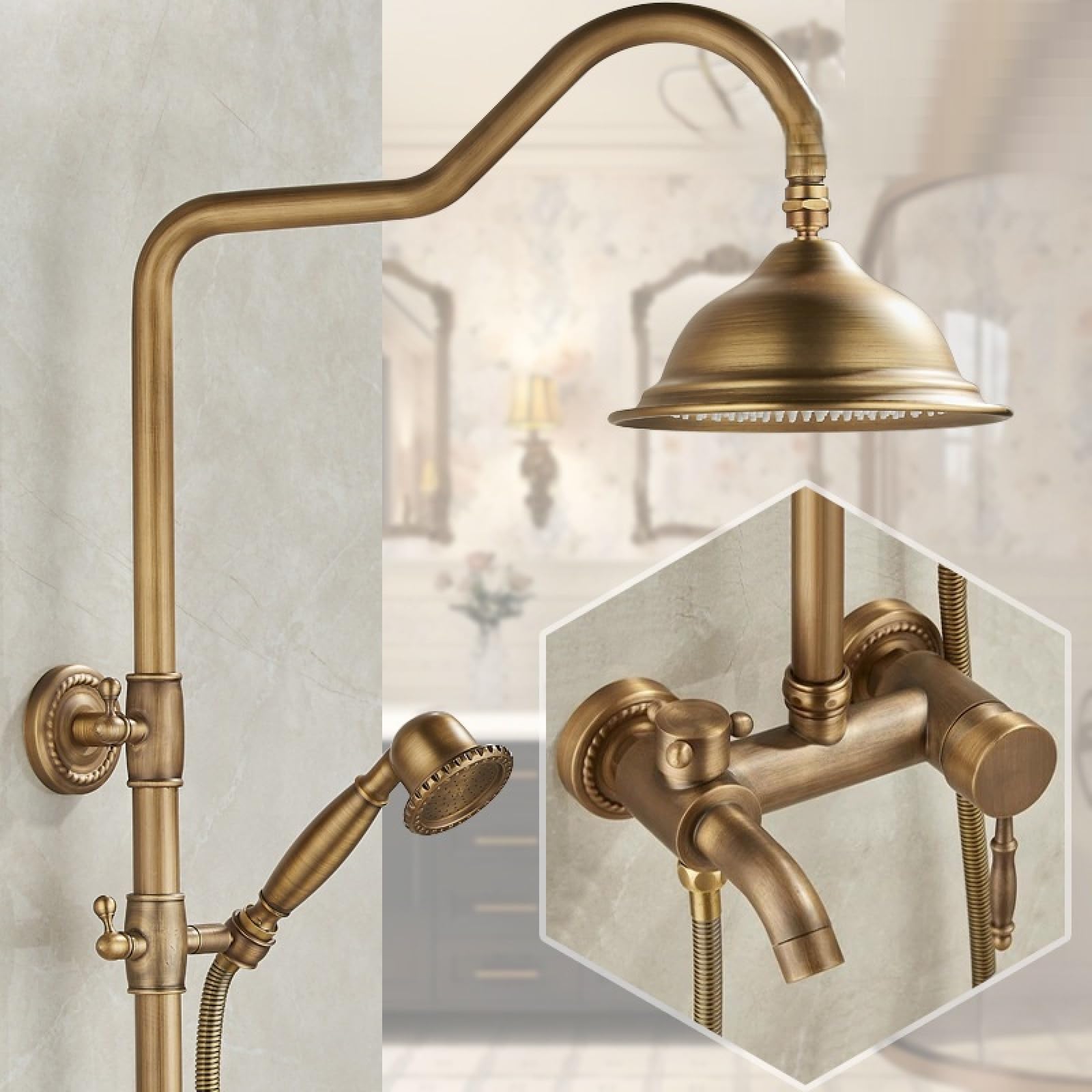 Fanjubei S3 Bathroom All-Copper Antique-Style Adjustable Adjustable Shower Set