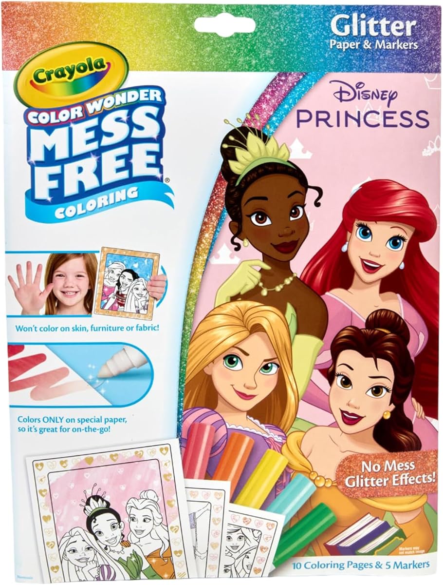 Crayola Color Wonder Disney Princess Glitter Páginas para colorear y marcadores sin ensuciar, juego para colorear, regalo para niños pequeños de 3 años en adelante