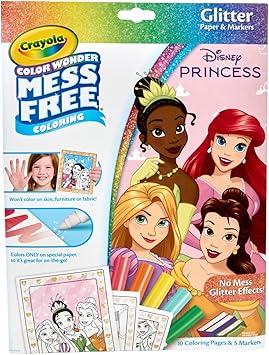 Crayola Color Wonder Disney Princess Glitter Coloring Pages & Mess Free Markers, Coloring Set, Gift for Toddlers 3 & Up