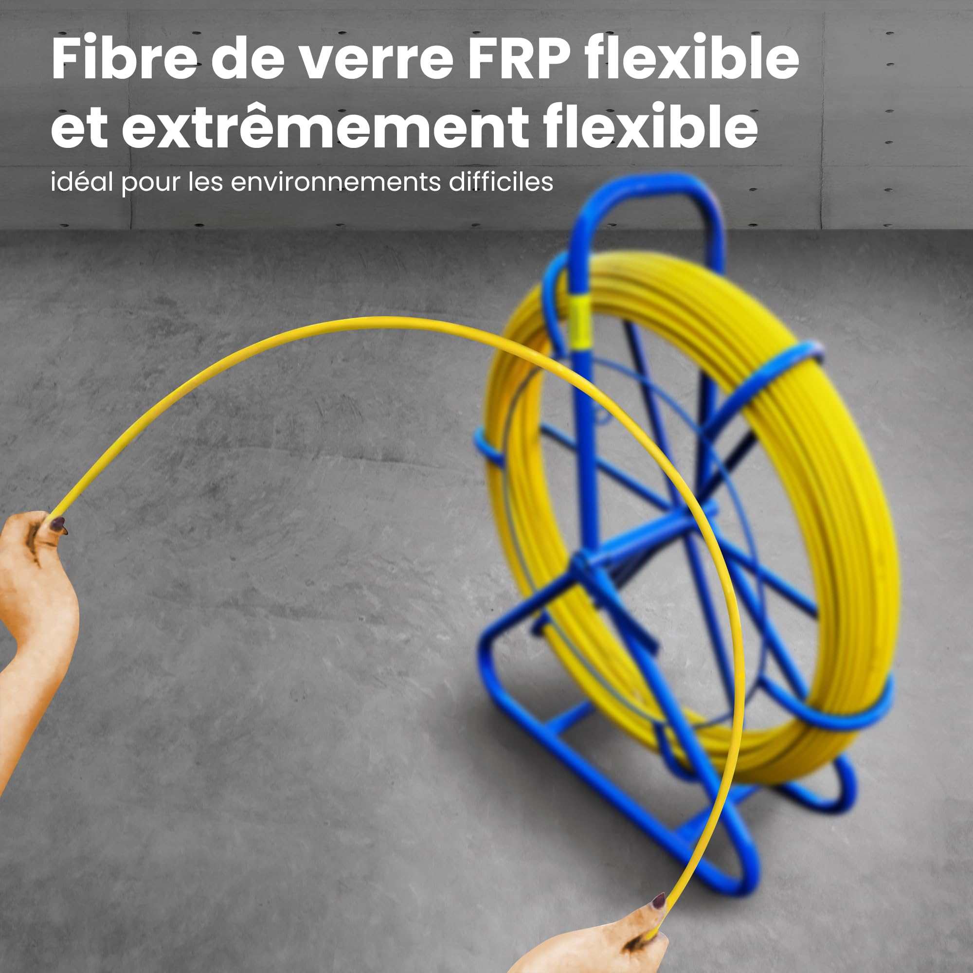 Extralink FRP Tige en fibre de verre, 8 mm de diamètre, 75 m, tube vide avec porte-rouleau et frein, ressort de traction à haute élasticité et résistance, accessoire de câble en fibre de verre pour