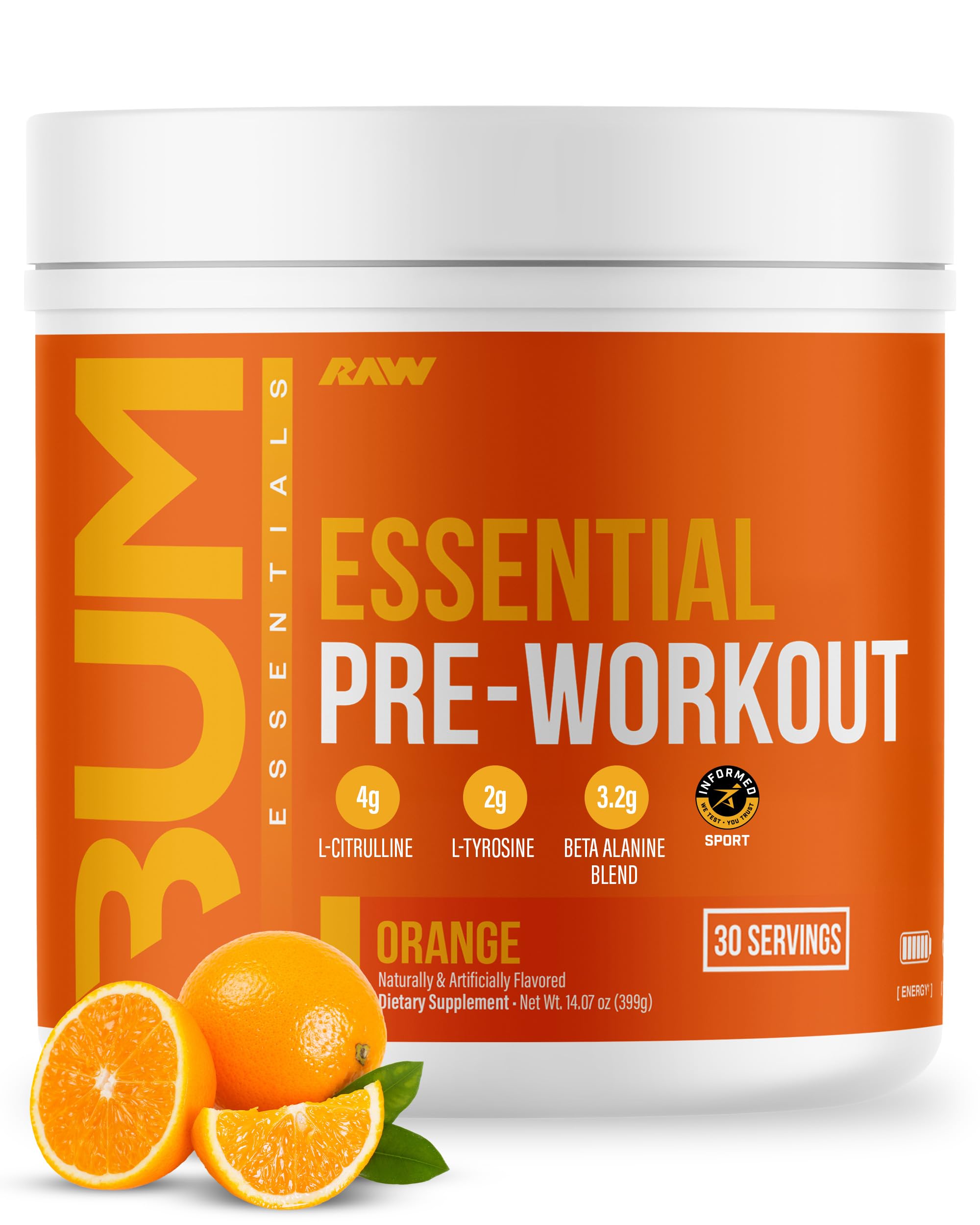 RAW Essential Pre-Workout Powder (Orange) - Chris Bumstead Sports Nutrition Supplement for Men & Women - Preworkout Energy Powder with Caffeine, L-Citrulline, L-Tyrosine, & Beta Alanine Blend
