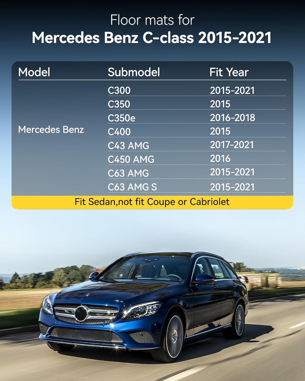 3W Floor Mats for Mercedes Benz C-Class 2015-2021(for Sedan Only,not fit Coupe and Cabriolet) TPE All Weather Custom Fit Floor Liner for Benz C-Class C300/C400/C350e/C43 AMG/C63 AMG/C63 AMG S - Image 2