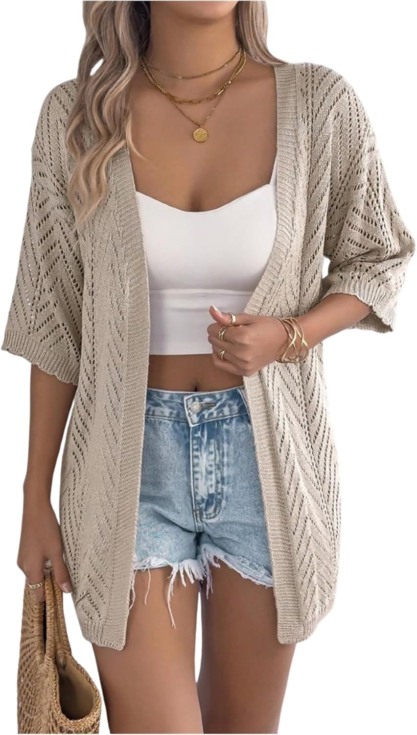 OYOANGLE Women's Short Sleeve Crochet Cardigan Sweater Lightweight Open Front Boho Kimono Outerwear