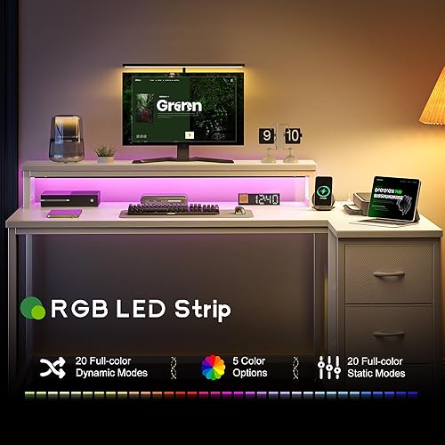 Miniatura 5 de EnHomee Escritorio para juegos en forma de L con cajones y toma de corriente, escritorio pequeño para computadora de 48 pulgadas con luces LED,