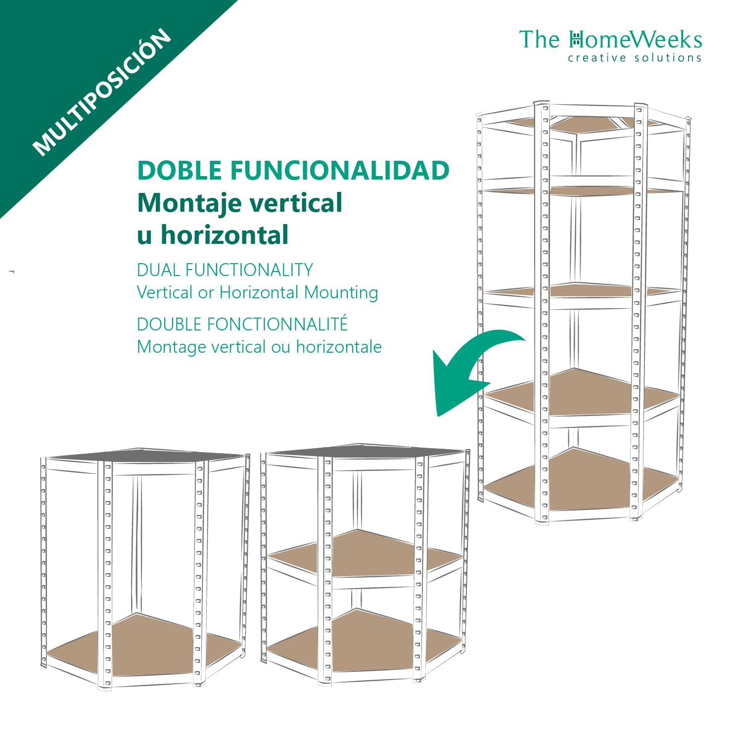 The Homeweeks Estantería Almacenaje Esquinera Angular Metálica 180 * 70 * 40cm | Galvanizada Modular | 5 Baldas MDF | Montaje Suelo | sin Tornillos System Click & Push | Multiposición