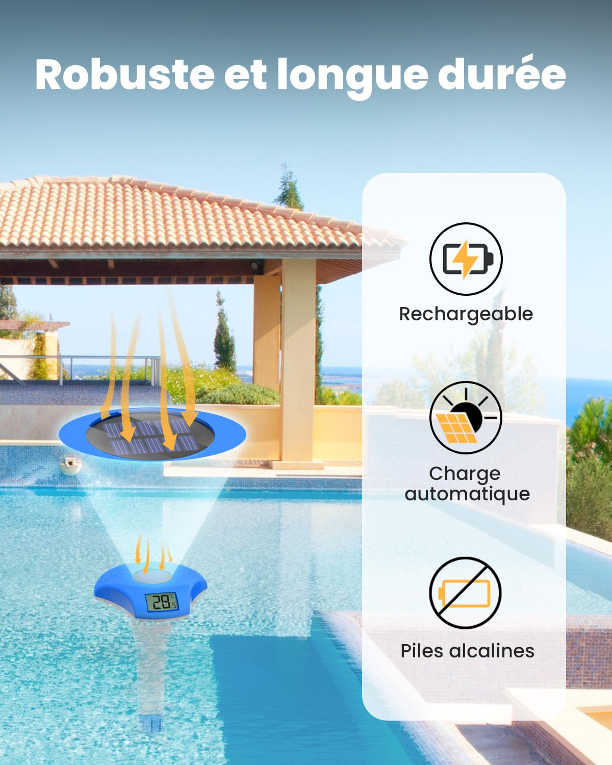 BALDR Thermometre Piscine flottant, à énergie solaire, étanche IPX8, convient pour piscine/jacuzzi/source d'eau chaude/aquarium (bleu profond)