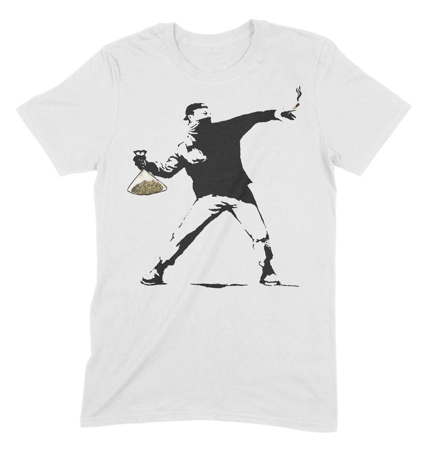 Banksy Weed Thrower Cannabis Flower Mens T-Shirt (XL, White)