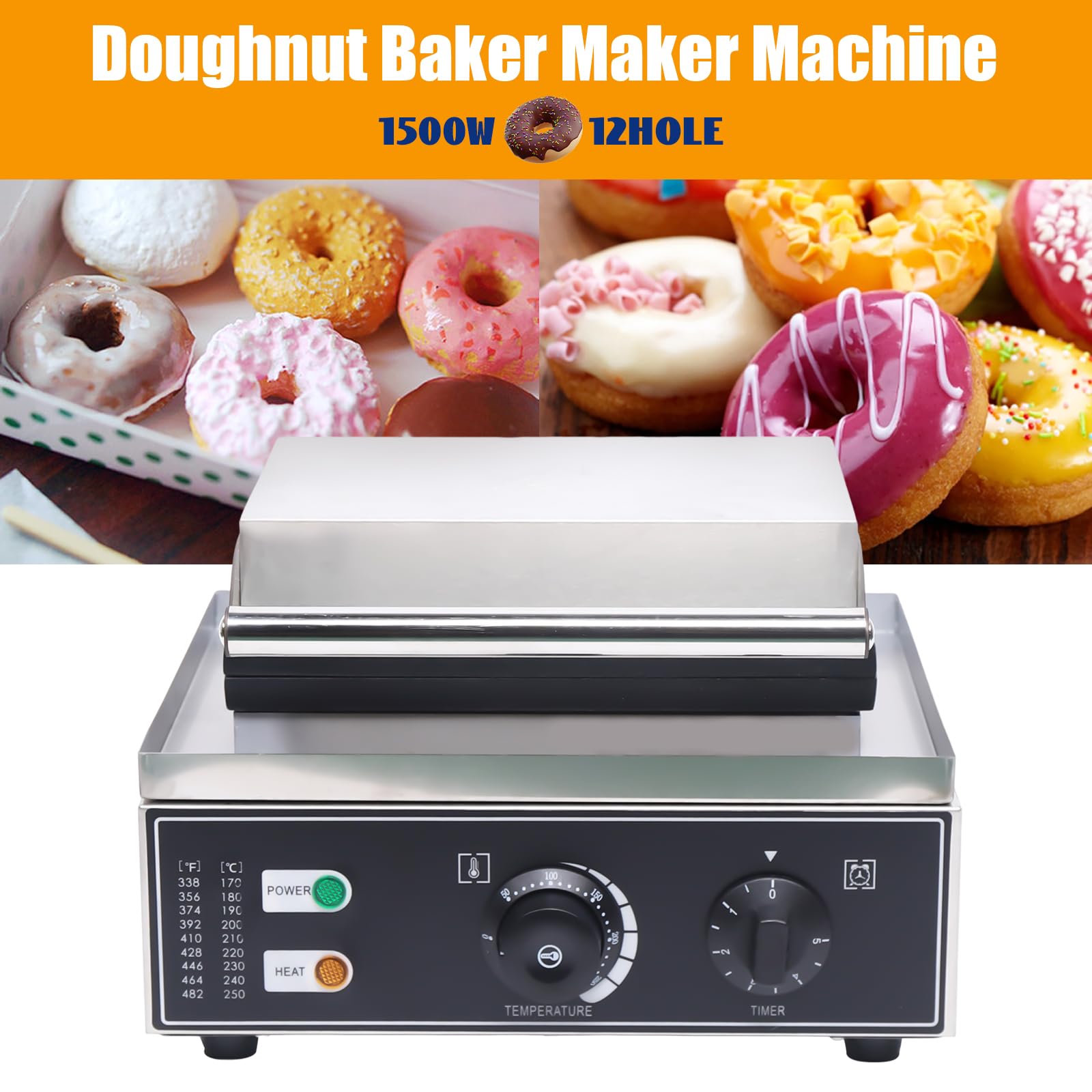 Silver Donut Maker Machine, 110V Stainless Steel Electric Doughnut Baker Maker Machine with Non-stick Coating, Temperature 122-572?, Commercial Waffle for Restaurant and Home Use(12 Holes Donut Maker)