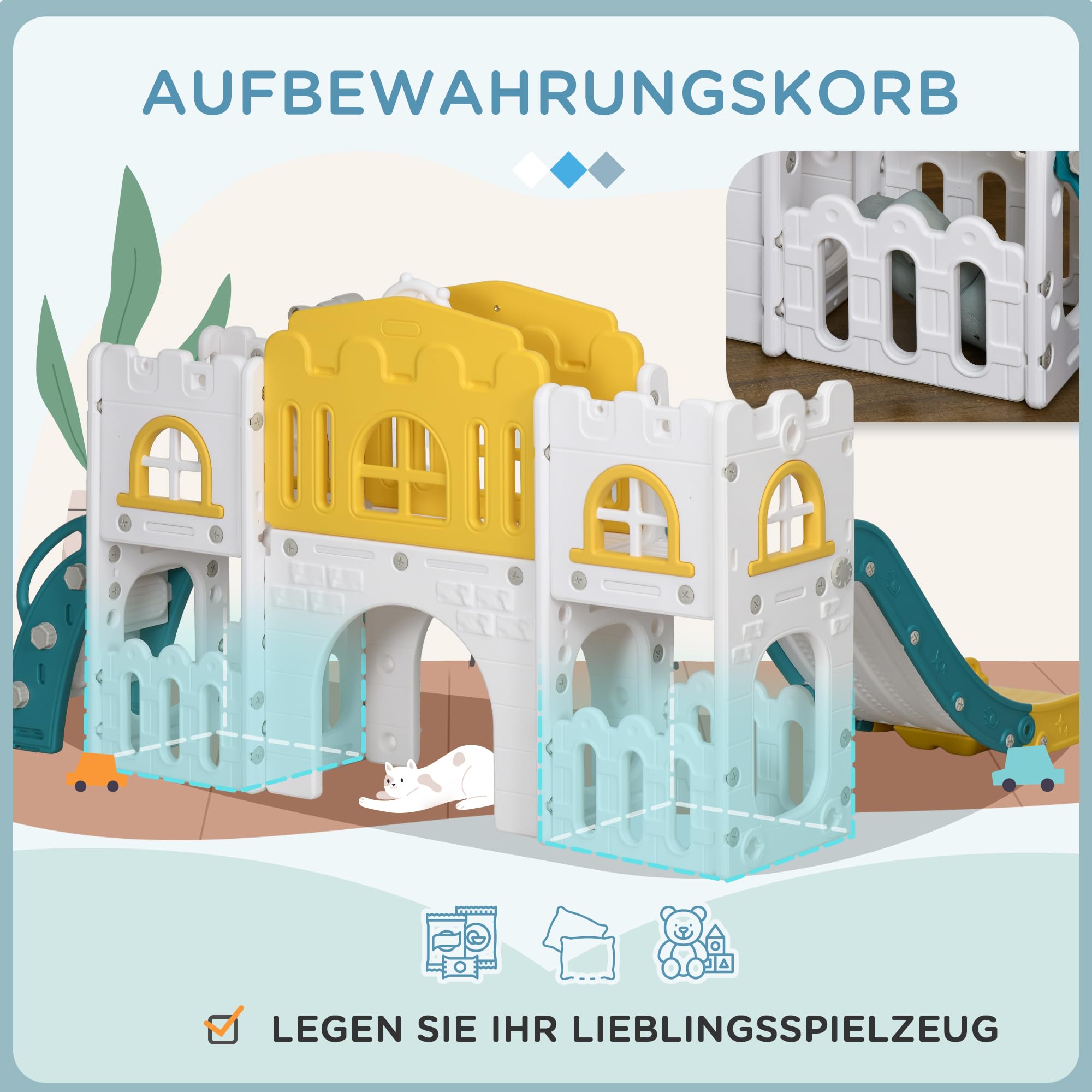 AIYAPLAY Kinder Rutsche 7-in-1 für 1 bis 3 Jahre mit Basketballkorb Gelb | Klettergerüst, Teleskop, Tunnel, Lenkrad, Plattformgang, Gartenrutsche, Kinderrutsche Kleinkinderrutsche, Indoor & Outdoor