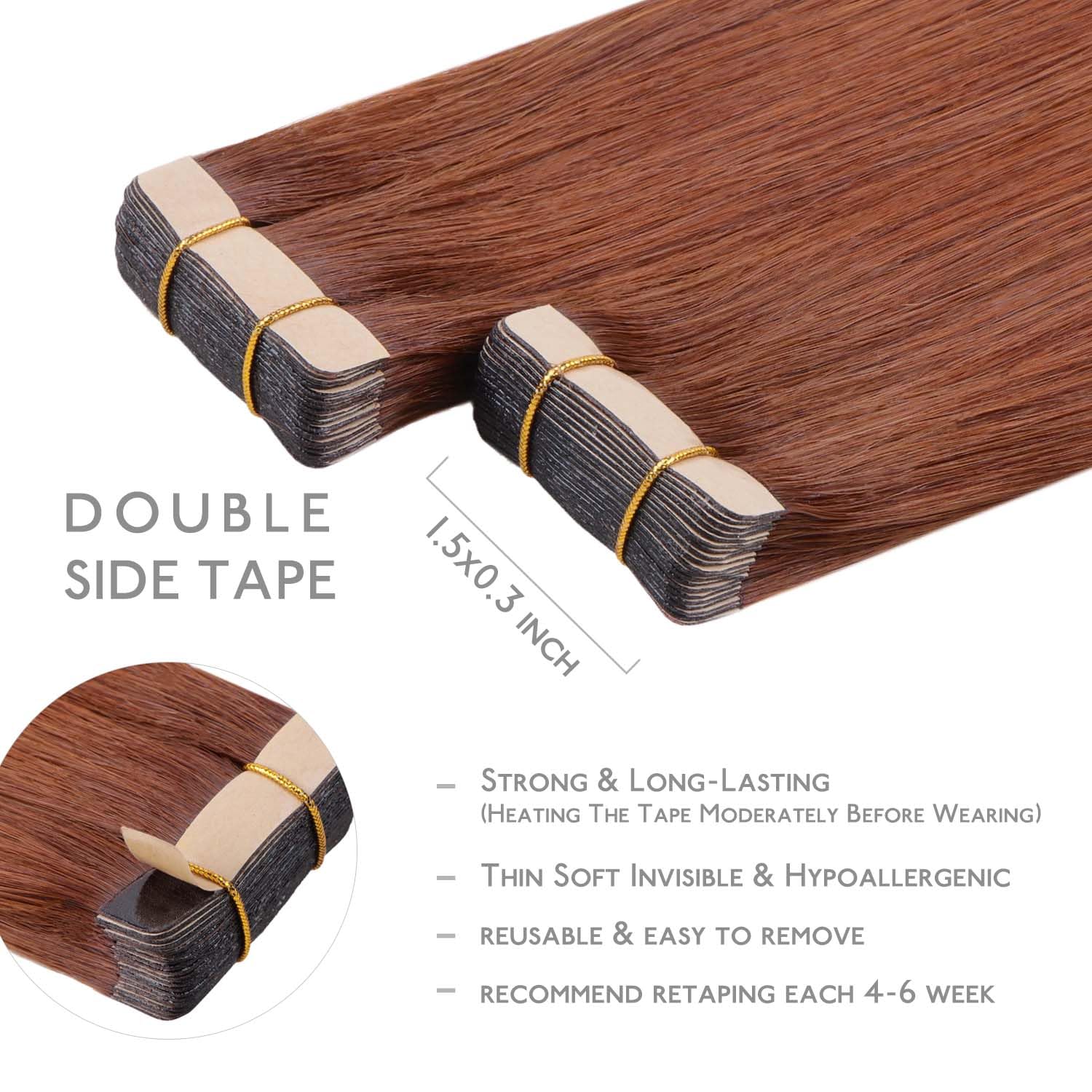 WENNALIFE Tape in Hair Extensions Human Hair, 20inch 20pcs 50 Dark Auburn Copper Real Human Hair Tape Extensions - Image 3