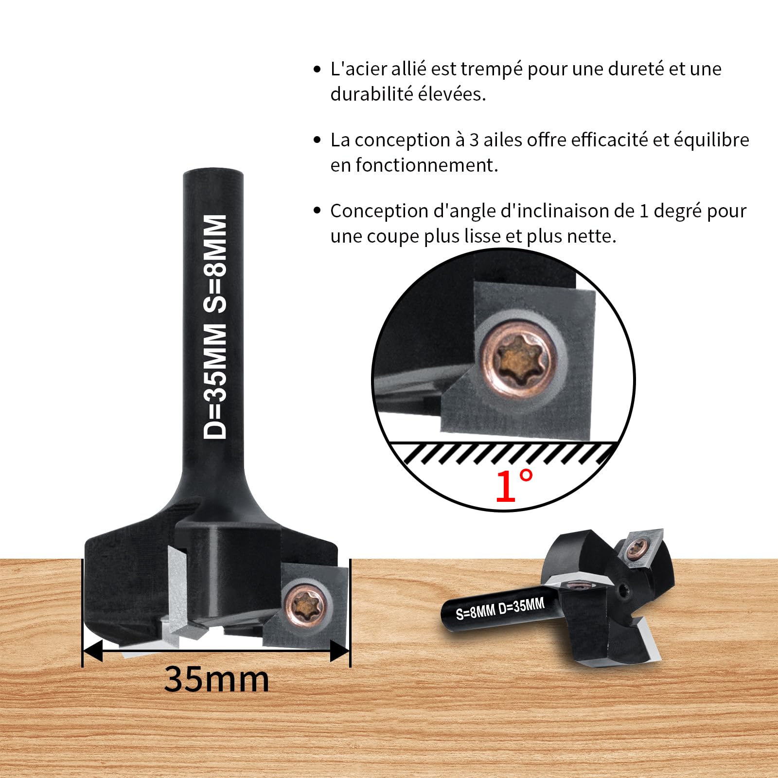 Fraise à Surfacer Tige 8mm Défonceuse, Fraise de Rabotage avec Diamètre de Coupe de 35mm, Fraise a Raboter cmt avec 3 Lames, Fraise CNC pour bois réversible