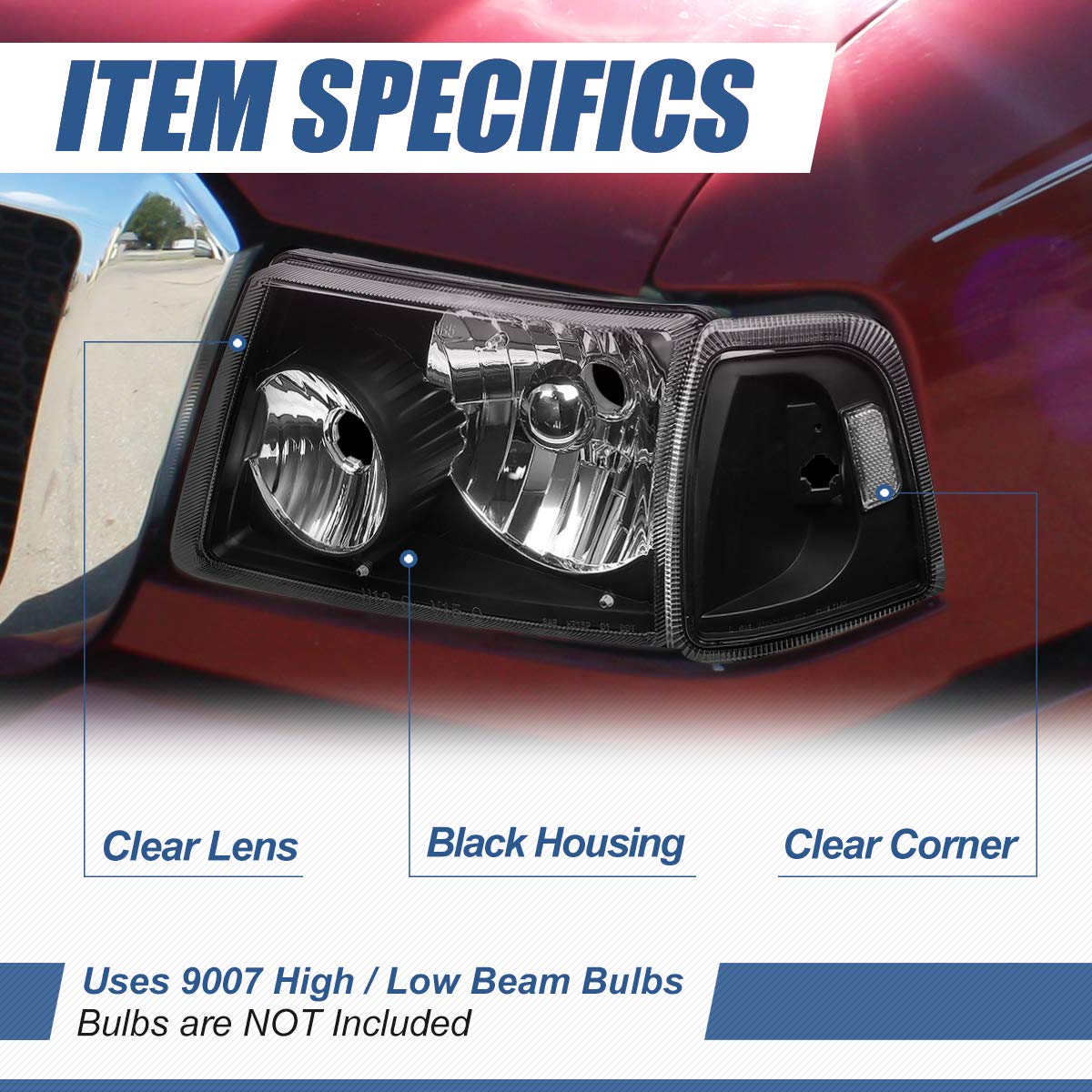 Auto Dynasty Headlights Assembly Compatible with 2001-2011 Ford Ranger, 4-Pieces Driver and Passenger Side Halogen Headlamps Replacement with Corner Lamps, Black Housing Clear Corner