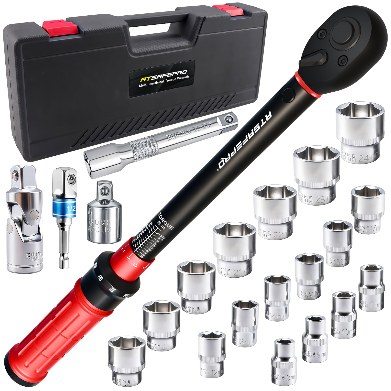 ATsafepro 22-Piece 1/2 Inch Torque Wrench Set, 20-230 Nm, ±3% Click Torque Wrench with 17 Metric Sockets 8-24 mm, Extension Bar and Adapters for Car Wheel and Tyre Maintenance — image 1