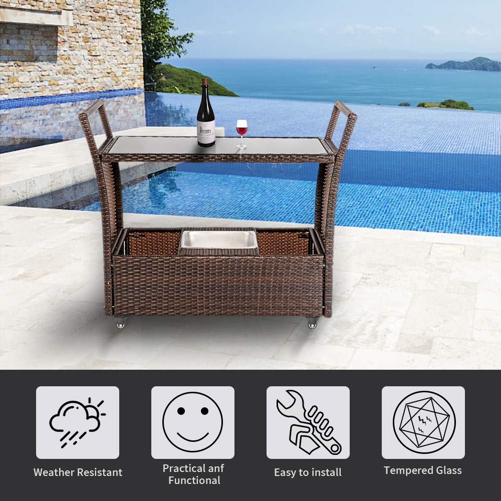 Bonnlo Outdoor Wicker Bar Cart with Wheels and Ice Bucket, Rolling