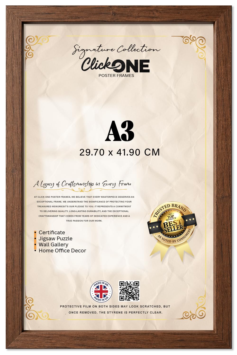 Click One Engineered Wood Poster Frame A3 29.70 X 41.90 CM 16 X 11 Inch Walnut Photo Picture Frame For Wall Vertical Or Horizontal Display Mounting Hardware Included Easy Wall Hanging System — image 1