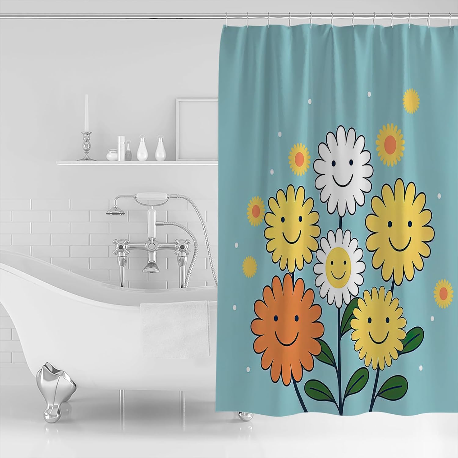 Abstract Shower Curtain for Bathroom 72" x 72", Cute Yellow and White Smile Flowers Blue Shower Curtain with Hooks Polyester Waterproof Home Bathtub Decor