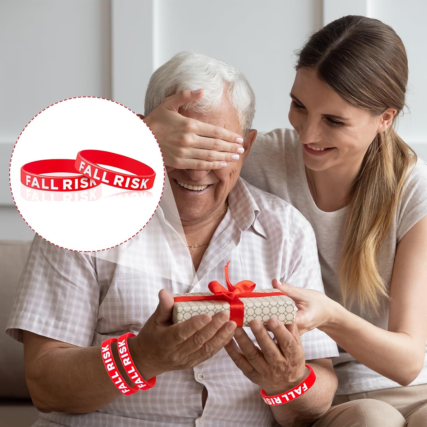 Sumind 12 Pcs Fall Risk Bracelet Emergency Alert Wristband for Elderly Patient Wristbands Fall Risk Silicone Rubber Bracelets for Men Women Old People Gifts(Red)