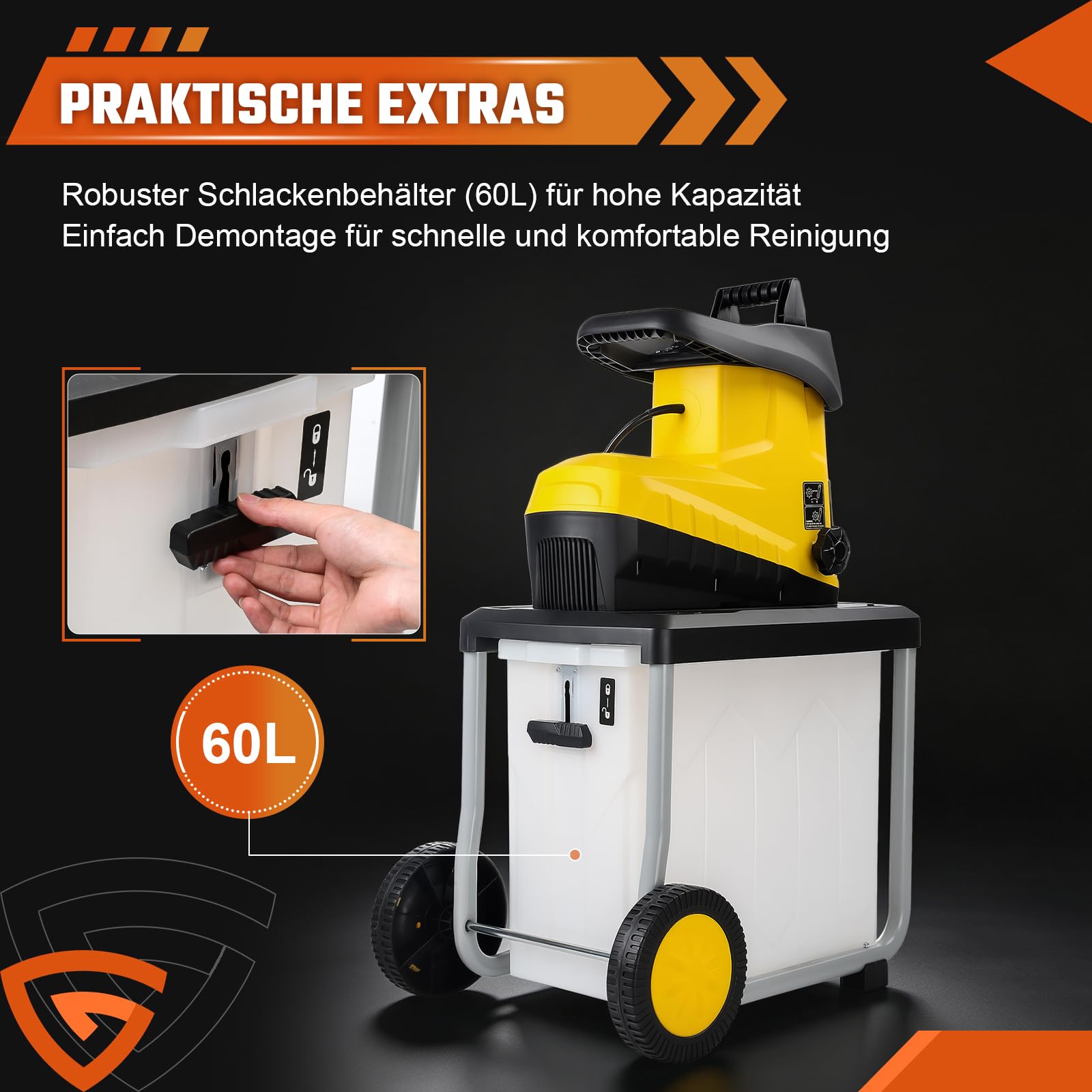 Elektro Gartenhäcksler Walzenhäcksler 3200W, max. 45 mm Aststärke, 60 L Fangbox, Leisehäcksler inkl. Gartenschere & Schutzbrille